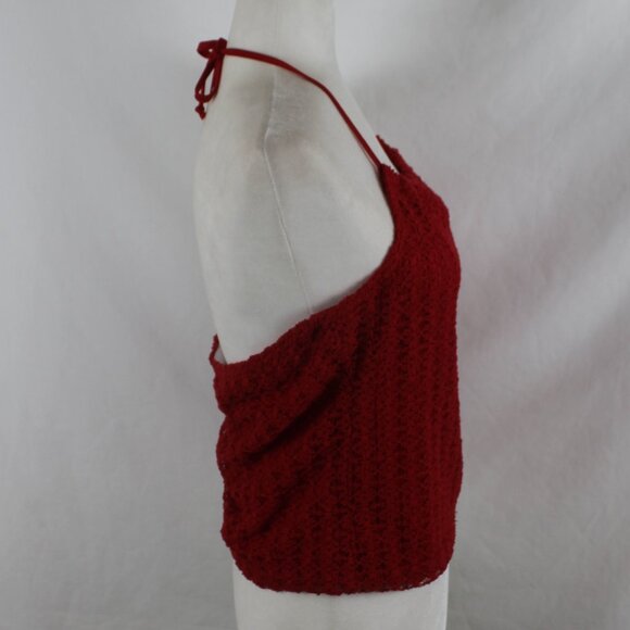 Vintage TWO ROADS Halter Tank Top Woman Size Large Red Lace Cropped Drawstring - Picture 3 of 9
